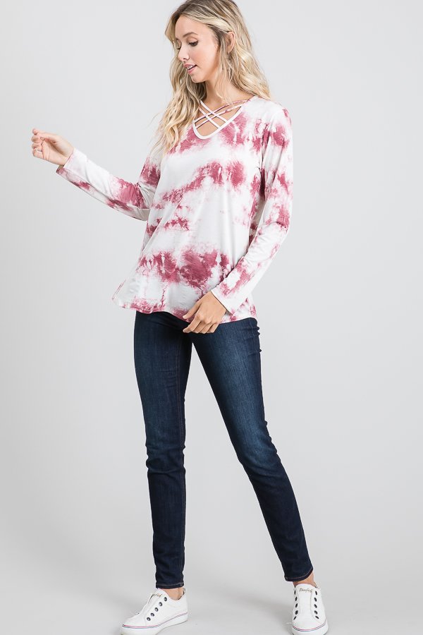 LONG SLEEVE CRISSCROSS V NECK TIE DYE PRINT TOP