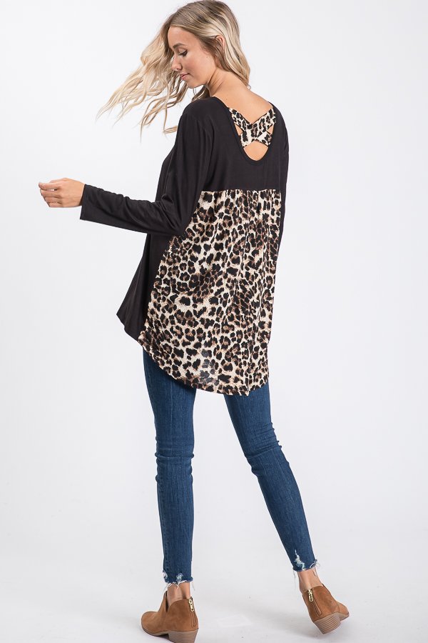 LONG SLEEVE SOLID AND LEOPARD ANIMAL PRINT CONTRAST TOP WITH CRISSCROSS BACK DETAIL