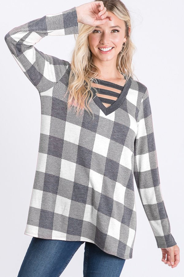 LONG SLEEVE V NECK WITH BAR DETAIL PLAID PRINT TO