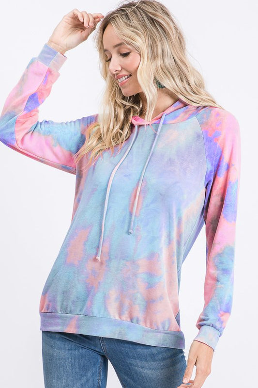 LONG SLEEVE TIE DYE PRINT HOODED TOP