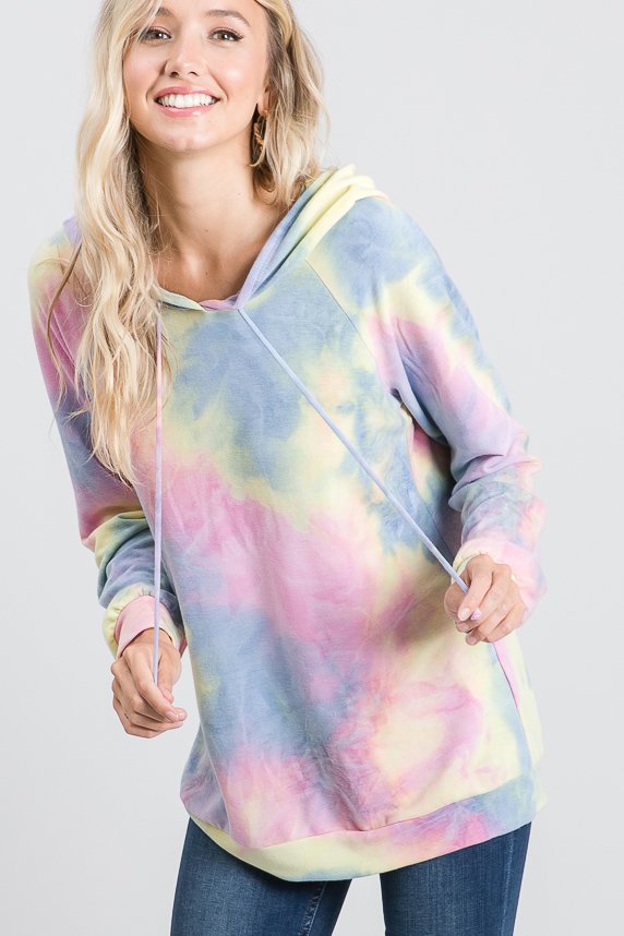 LONG SLEEVE TIE DYE PRINT HOODED TOP