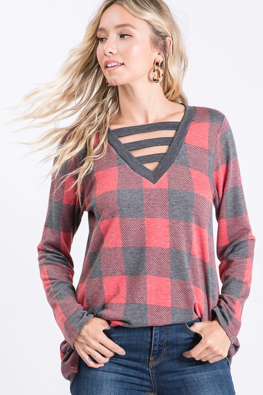 LONG SLEEVE V NECK WITH BAR DETAIL PLAID PRINT TO