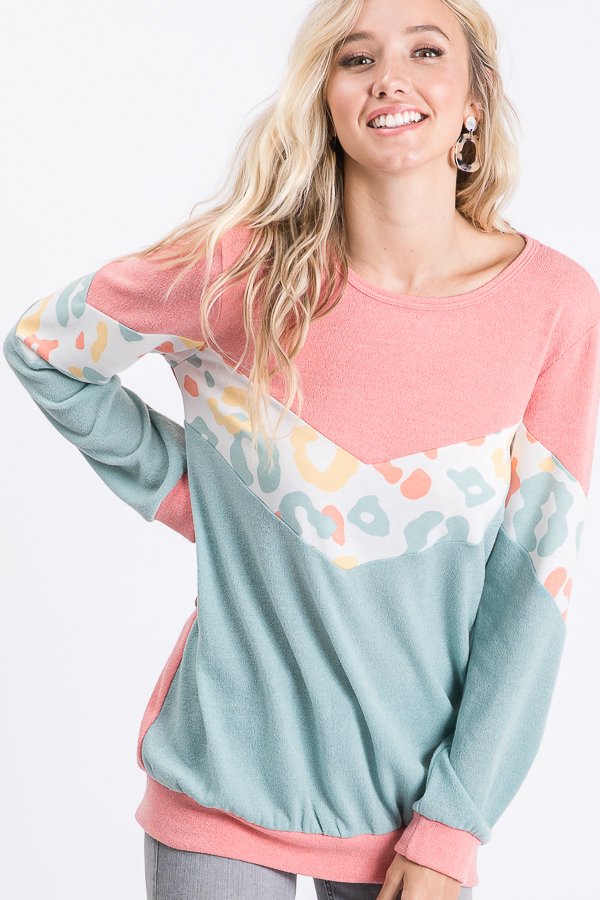 LONG SLEEVE ROUND NECK ANIMAL LEOPARD MULTI COLOR PRINT TOP