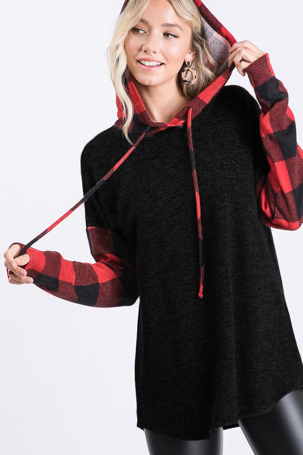 LONG SLEEVE PLAID PRINT AND SOLID CONTRAST HOODED TOP