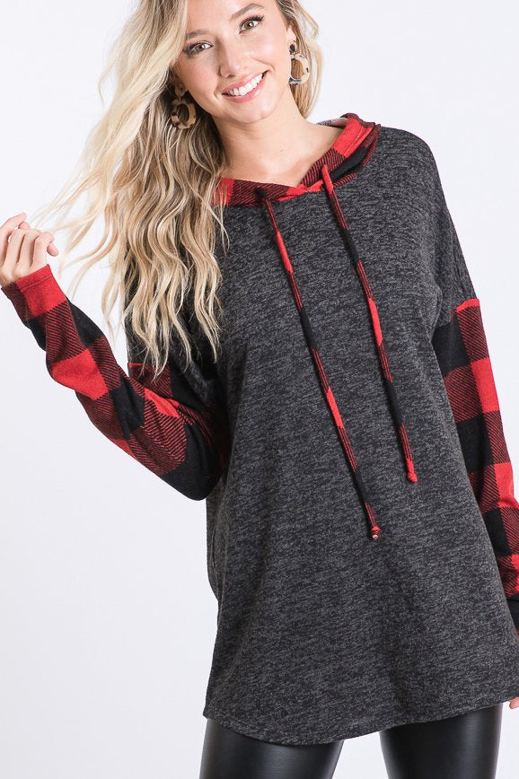 LONG SLEEVE PLAID PRINT AND SOLID CONTRAST HOODED TOP