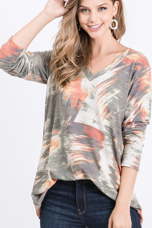 LONG SLEEVE V NECK MULTI COLOR PRINT TOP