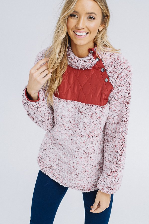 LONG SLEEVE HIGH NECK FAUX SHEARLING PULLOVER TOP WITH BUTTON AND PADDED DETAILS