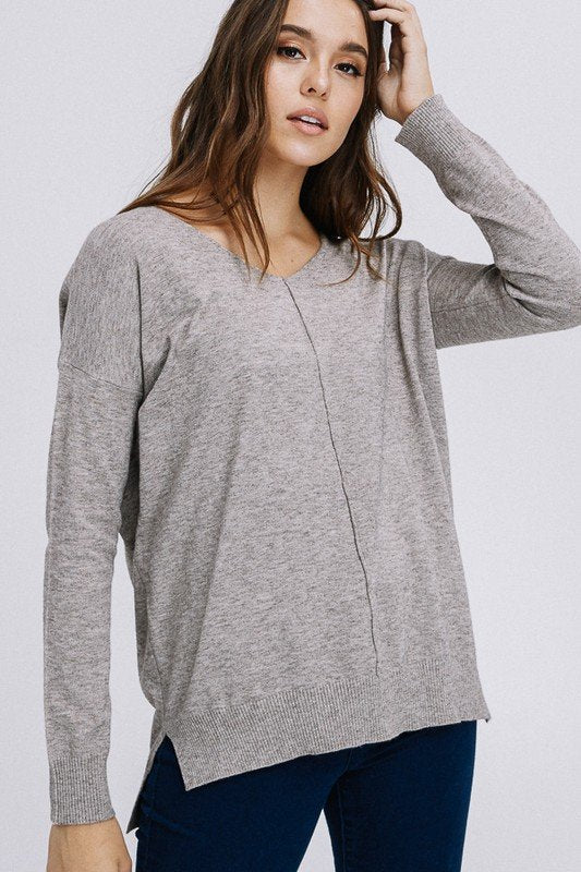 LONG SLEEVE V NECK SIDE SLITS SOLID KNIT TOP