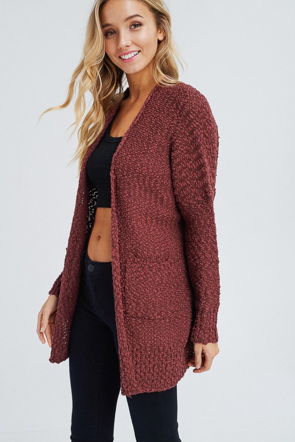 LONG SLEEVE OPEN FRONT SOLID SWEATER CARDIGAN WITH POCKETS