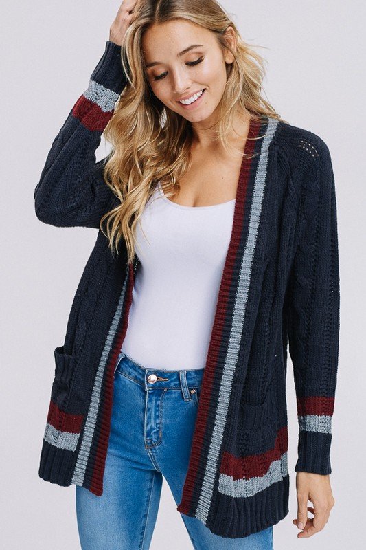 LONG SLEEVE STRIPE PRINT CABLE SWEATER CARDIGAN WITH POCKETS