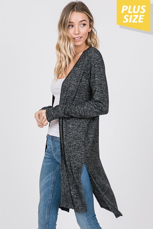 LONG SLEEVE SOLID KIMONO CARDIGAN WITH SIDE SLIT PLUS SIZE