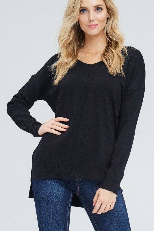 LONG SLEEVE V NECK SIDE SLITS SOLID KNIT TOP