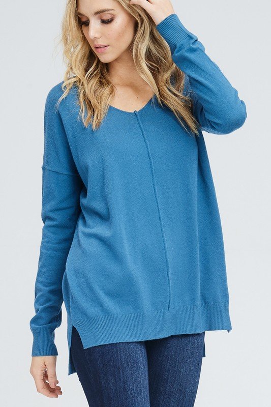 LONG SLEEVE V NECK SIDE SLITS SOLID KNIT TOP