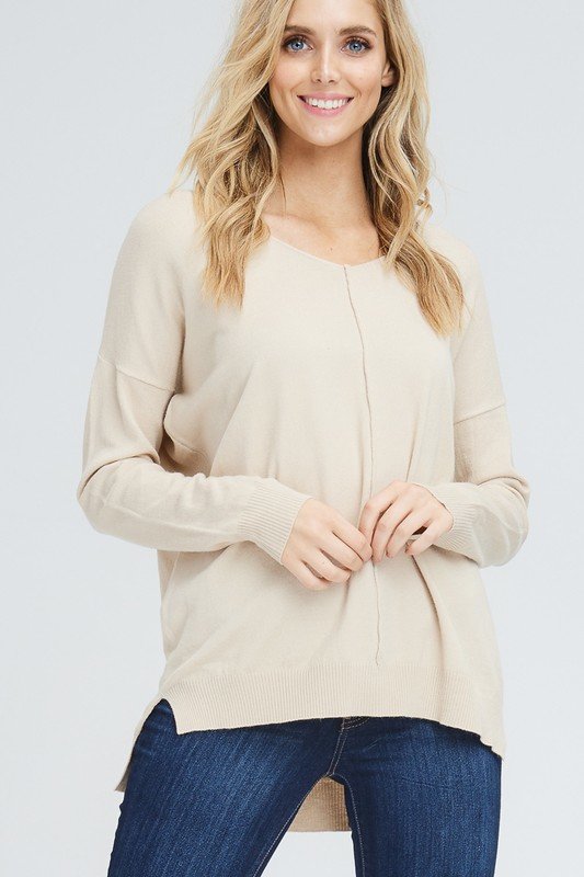 LONG SLEEVE V NECK SIDE SLITS SOLID KNIT TOP