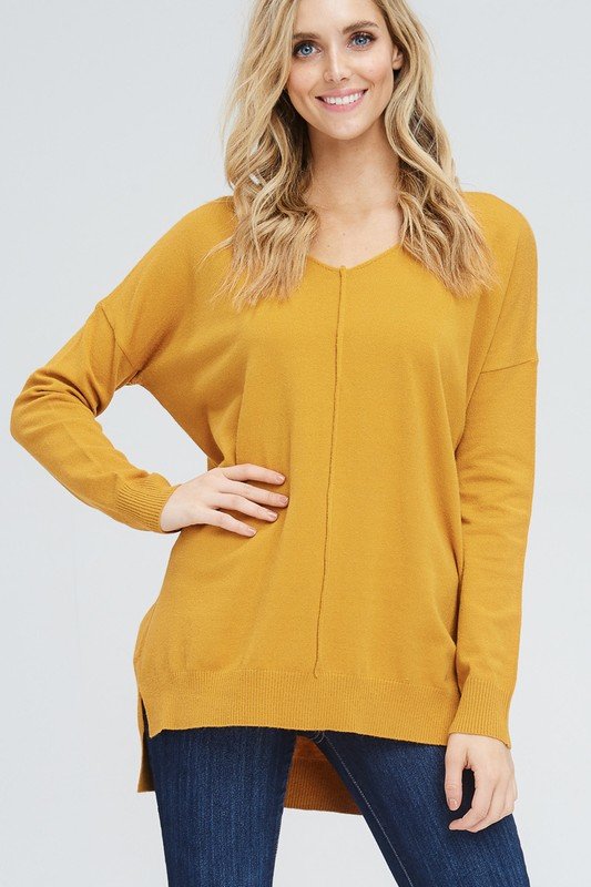 LONG SLEEVE V NECK SIDE SLITS SOLID KNIT TOP