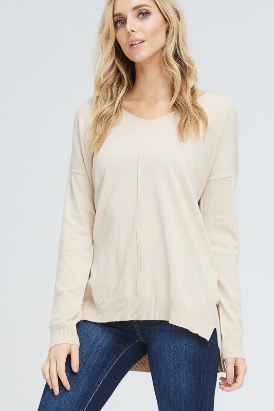 LONG SLEEVE V NECK SIDE SLITS SOLID KNIT TOP