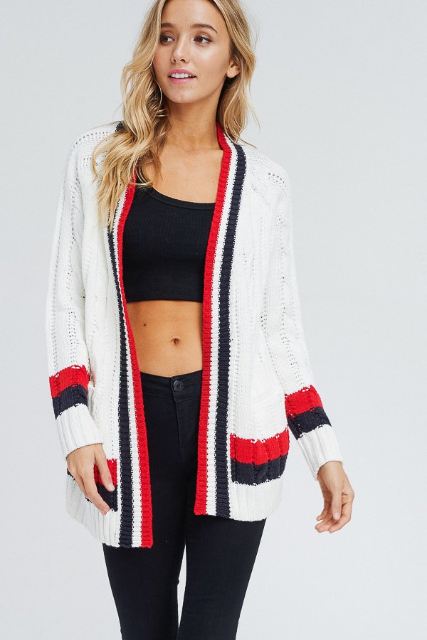 LONG SLEEVE STRIPE PRINT CABLE SWEATER CARDIGAN WITH POCKETS