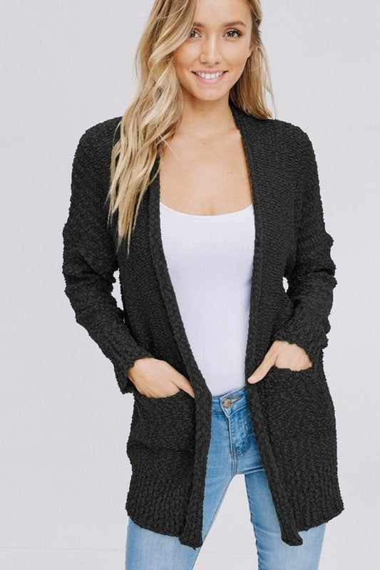 LONG SLEEVE OPEN FRONT SOLID SWEATER CARDIGAN WITH POCKETS