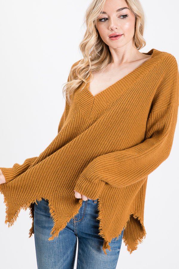 SOLID V NECK SWEATER WITH ROUGH HEM