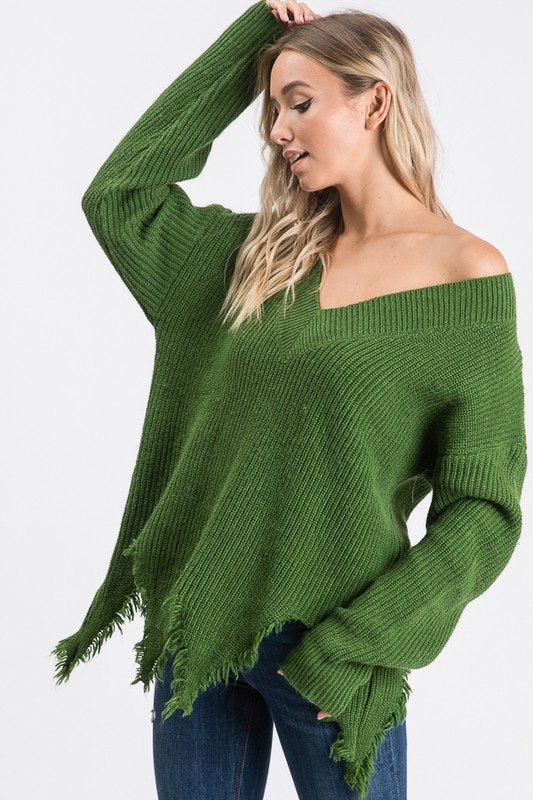 SOLID V NECK SWEATER WITH ROUGH HEM