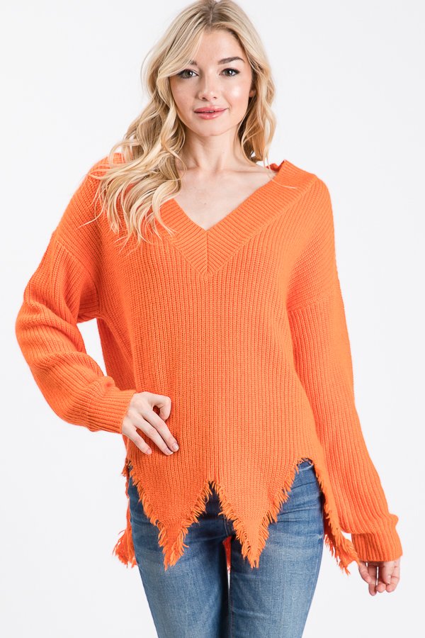 SOLID V NECK SWEATER WITH ROUGH HEM