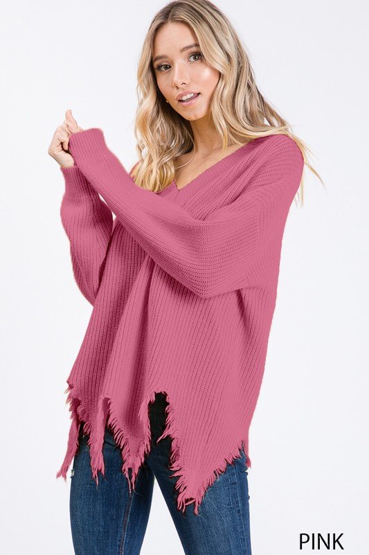 SOLID V NECK SWEATER WITH ROUGH HEM