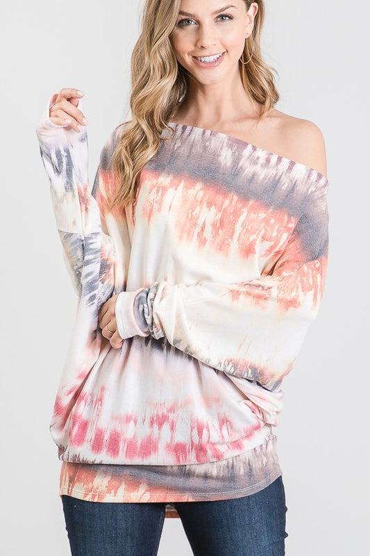 LONG SLEEVE MULTI COLOR TIE DYE PRINT TOP WITH ONE OFF SHOULDER DETAIL