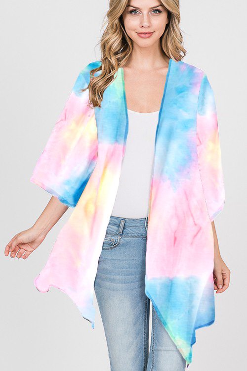 THREE QUARTER SLEEVE TIE DYE PRINT KIMONO CARDIGAN