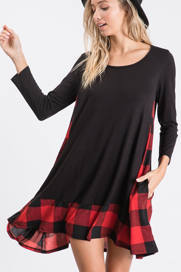 LONG SLEEVE SOLID AND PLAID PRINT CONTRAST DRESS WITH SIDE POCKET