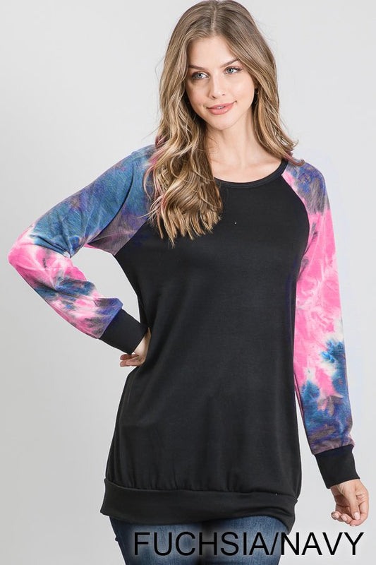 LONG SLEEVE SOLID AND TIE DYE PRINT CONTRAST TOP