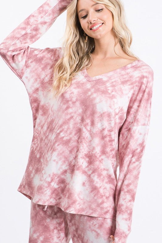 LONG SLEEVE V NECK TIE DYE PRINT TOP