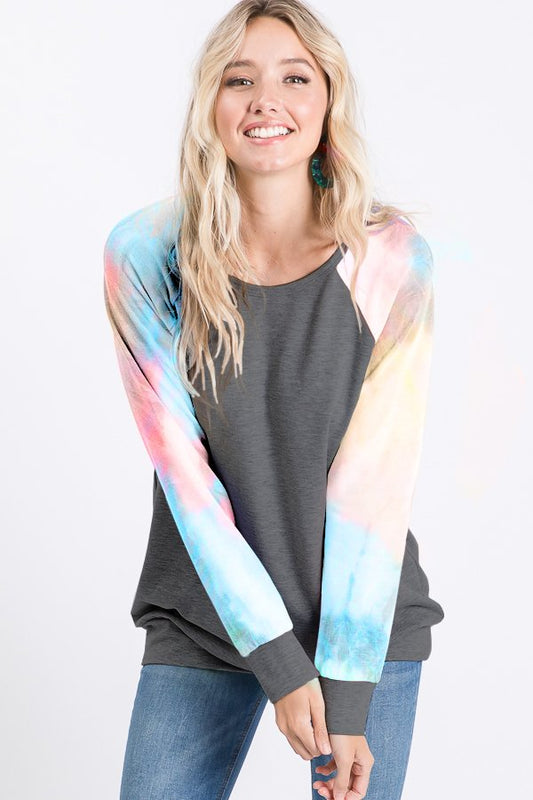 LONG SLEEVE SOLID AND TIE DYE PRINT CONTRAST TOP