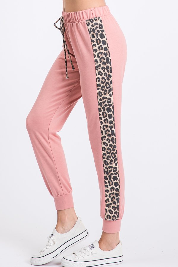 SOLID AND ANIMAL LEOPARD PRINT CONTRAST JOGGER PANTS