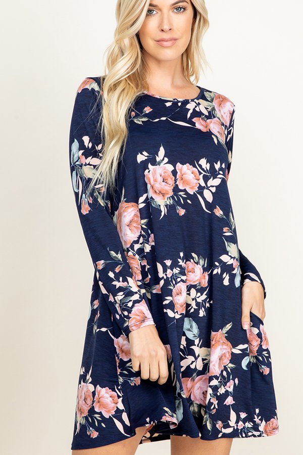 LONG SLEEVE FLORAL PRINT DRESS WITH SIDE POCKET