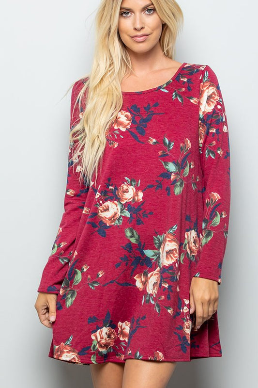 LONG SLEEVE FLORAL PRINT DRESS WITH SIDE POCKET