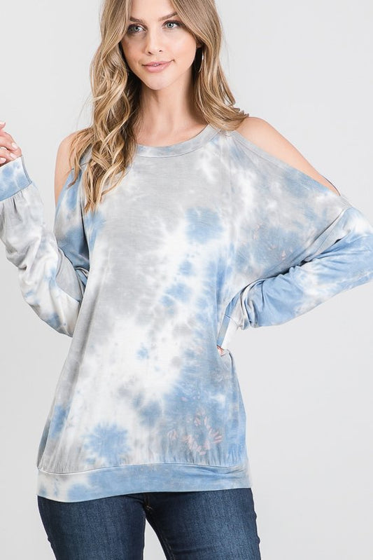 LONG SLEEVE OPEN SHOULDER ROUND NECK TIE DYE PRINT TOP