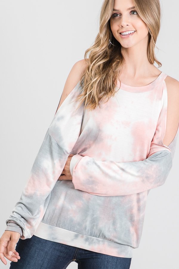 LONG SLEEVE OPEN SHOULDER ROUND NECK TIE DYE PRINT TOP