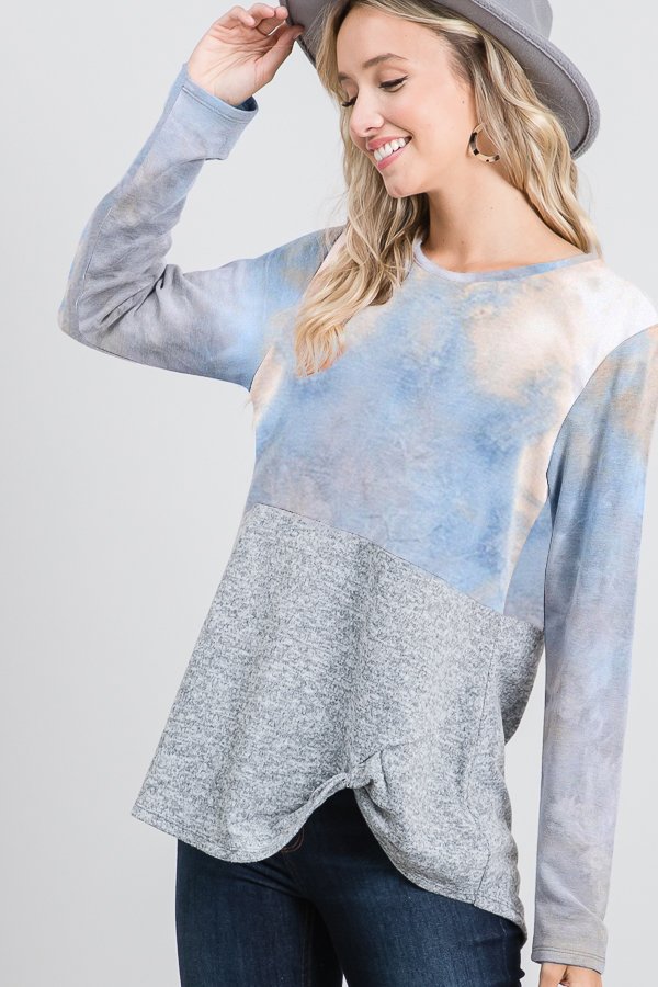 LONG SLEEVE TIE DYE PRINT AND SOLID CONTRAST TOP WITH TWIST KNOT DETAIL