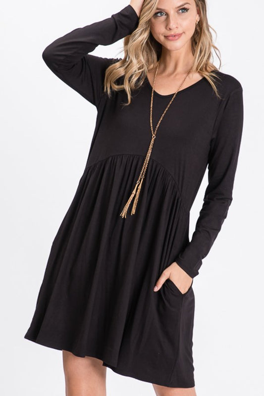 LONG SLEEVE SOLID DRESS WITH SIDE POCKET