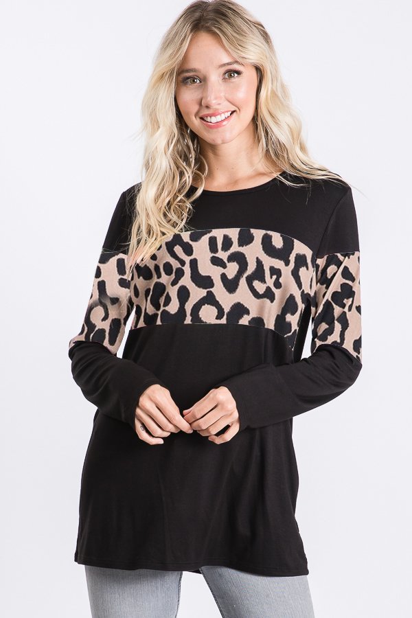 LONG SLEEVE SOLID AND LEOPARD ANIMAL PRINT CONTRAST TOP