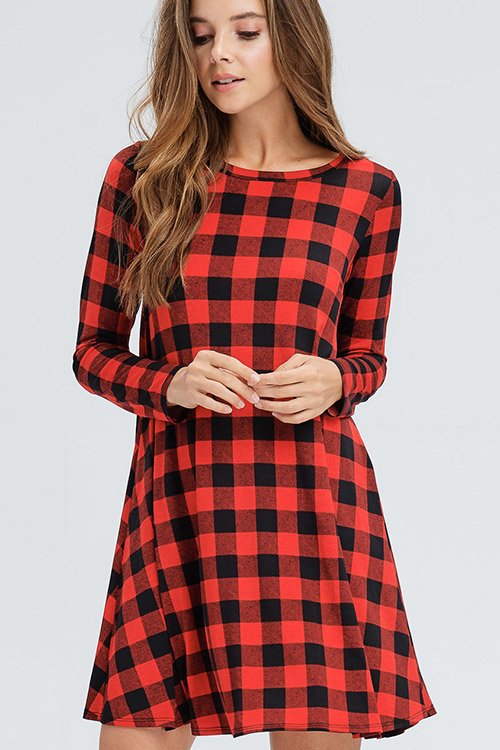 LONG SLEEVE PLAID PRINT DRESS