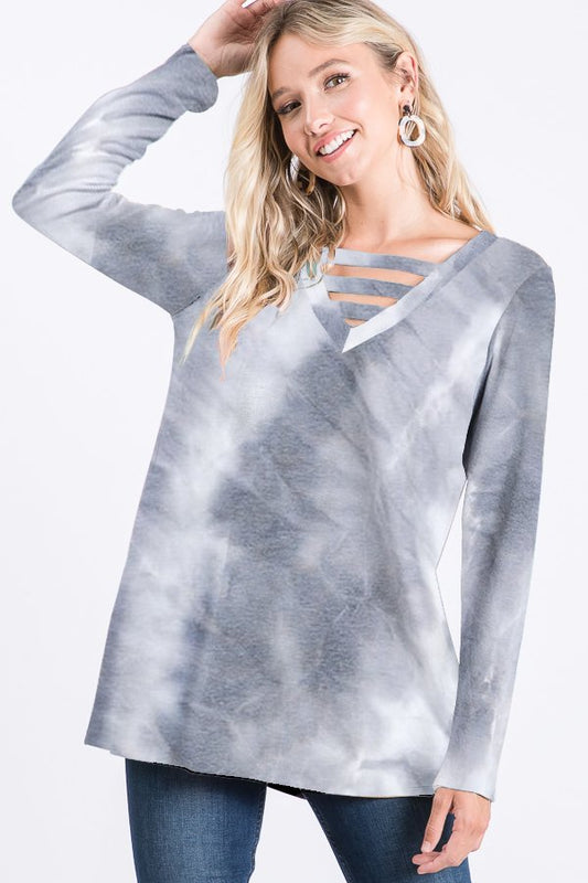 LONG SLEEVE V NECK WITH BAR DETAIL TIE DYE PRINT TOP