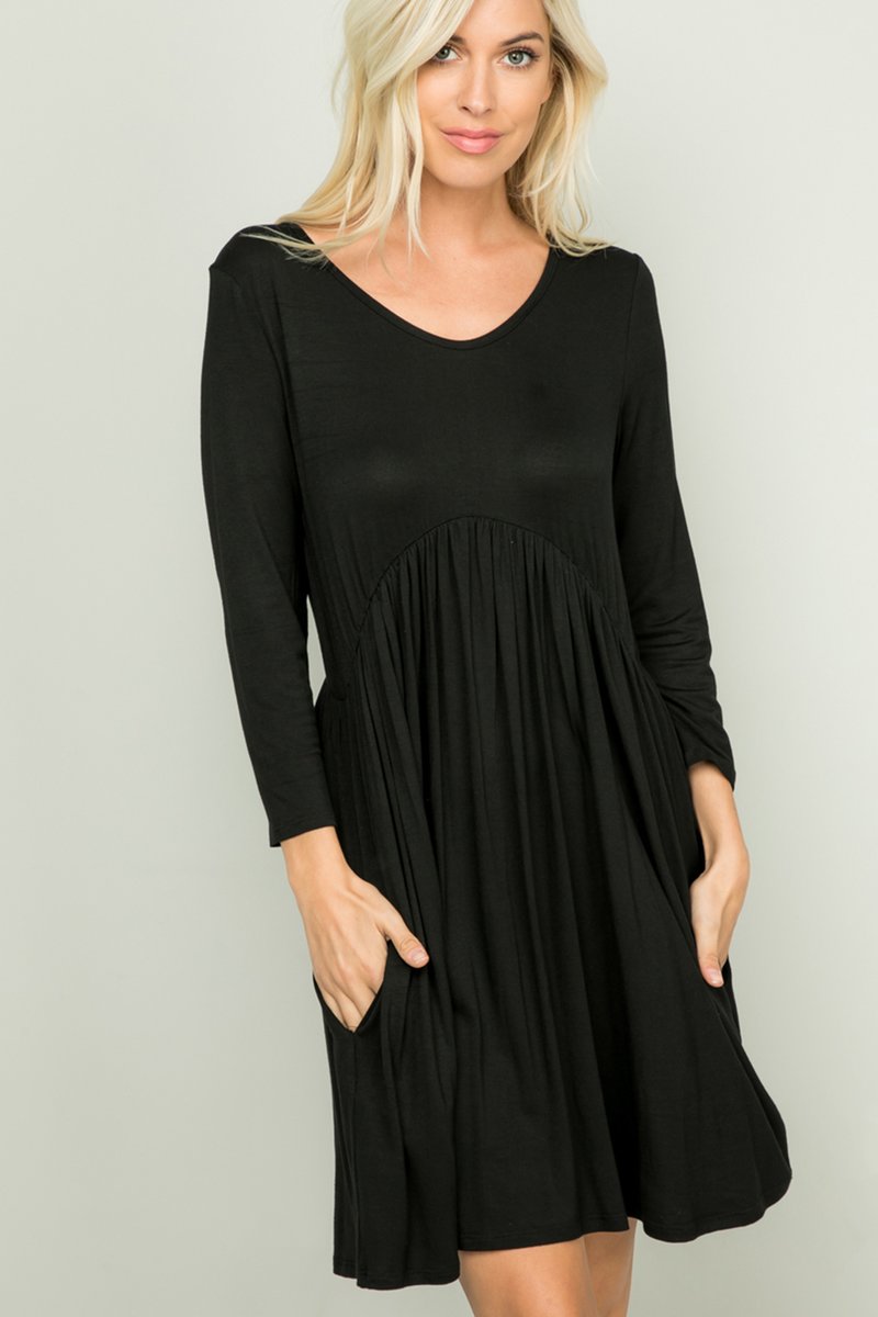 THREE QUARTER SLEEVE SOLID BABYDOLL DRESS WITH SIDE POCKET DETAIL