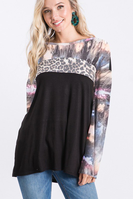 LONG SLEEVE ROUND NECK TIE DYE AND LEOPARD PRINT AND SOLID CONTRAST TOP