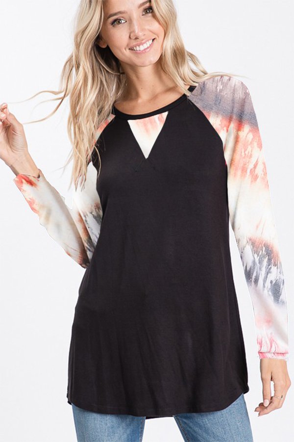 LONG SLEEVE SOLID AND TIE DYE PRINT CONTRAST TOP