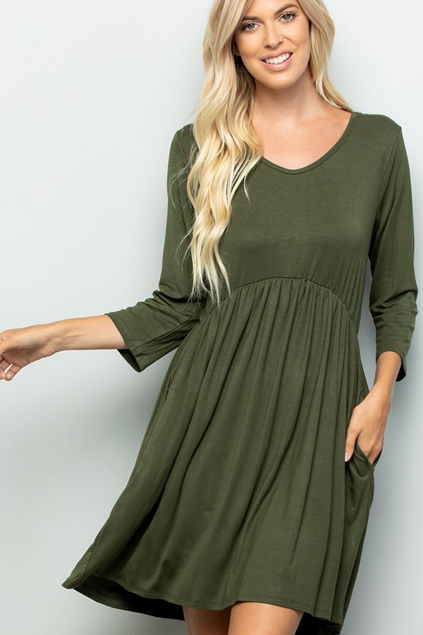 THREE QUARTER SLEEVE SOLID BABYDOLL DRESS WITH SIDE POCKET DETAIL