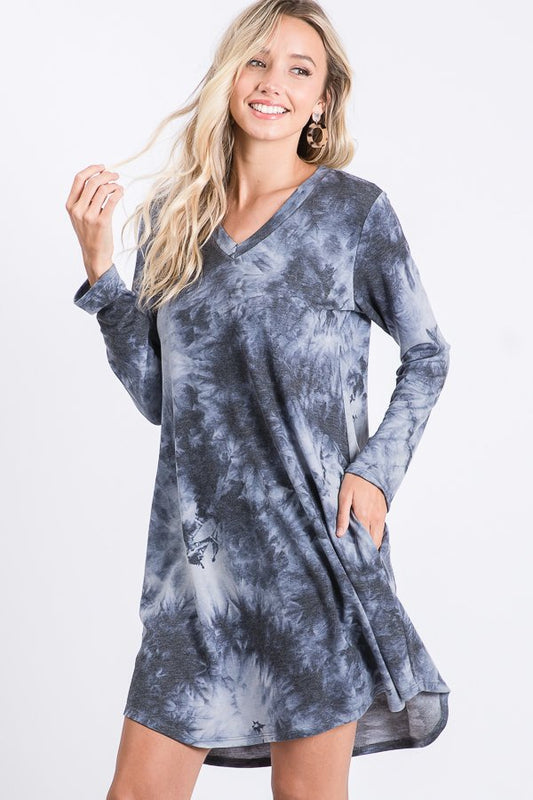 LONG SLEEVE TIE DYE PRINT DRESS WITH SIDE POCKET DETAIL