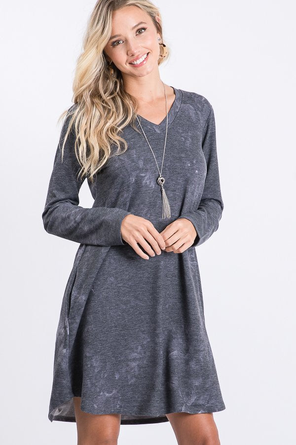 LONG SLEEVE TIE DYE PRINT DRESS WITH SIDE POCKET DETAIL