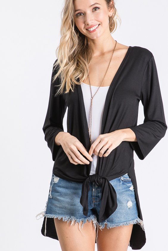 THREE QUARTER SLEEVE SOLID CARDIGAN WITH SIDE SLIT AND SELF TIE DETAIL