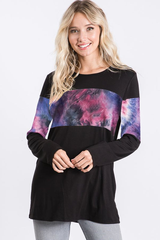 LONG SLEEVE ROUND NECK SOLID AND TIE DYE PRINT CONTRAST TOP